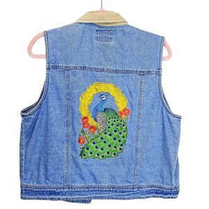 VTG Solutions Original Denim Vest Jacket Custom Embroidered Peacock Size L